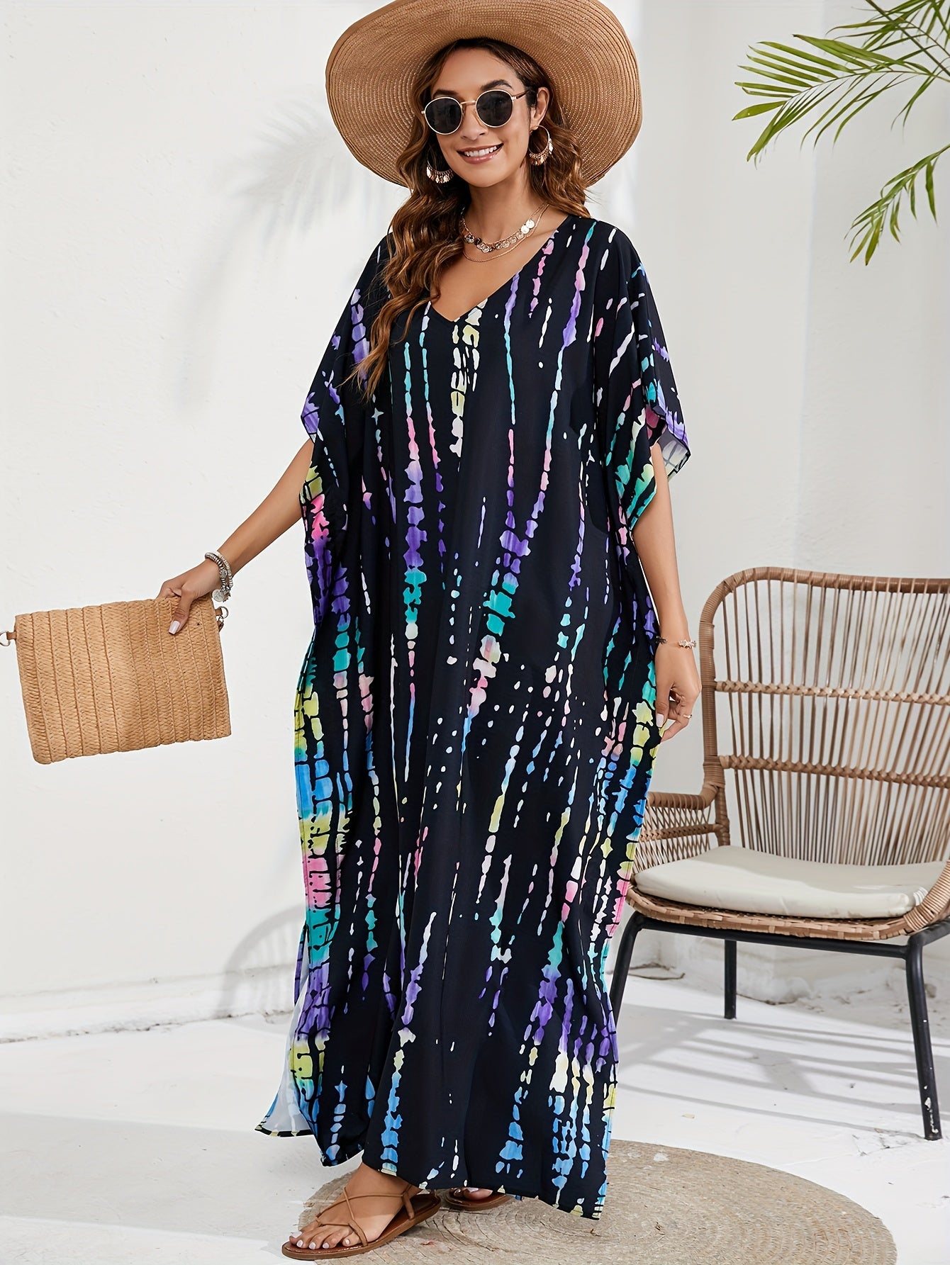 Boho Cover Up Tie Dye Striped Batwing Sleeve Maxi Split Dress
