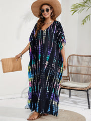 Boho Cover Up Tie Dye Striped Batwing Sleeve Maxi Split Dress
