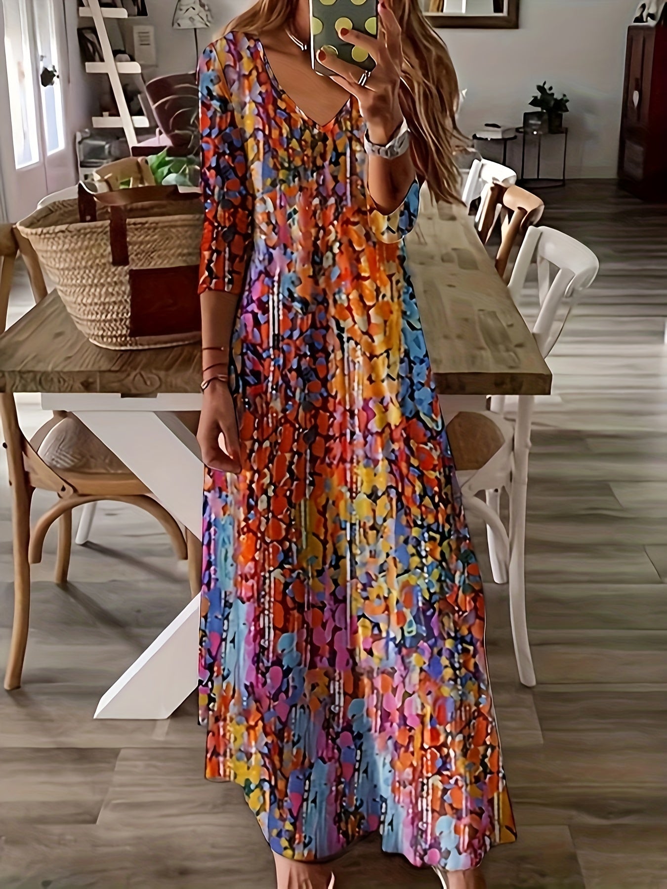 Plus Allover Print Half Sleeve V Neck Maxi Dress