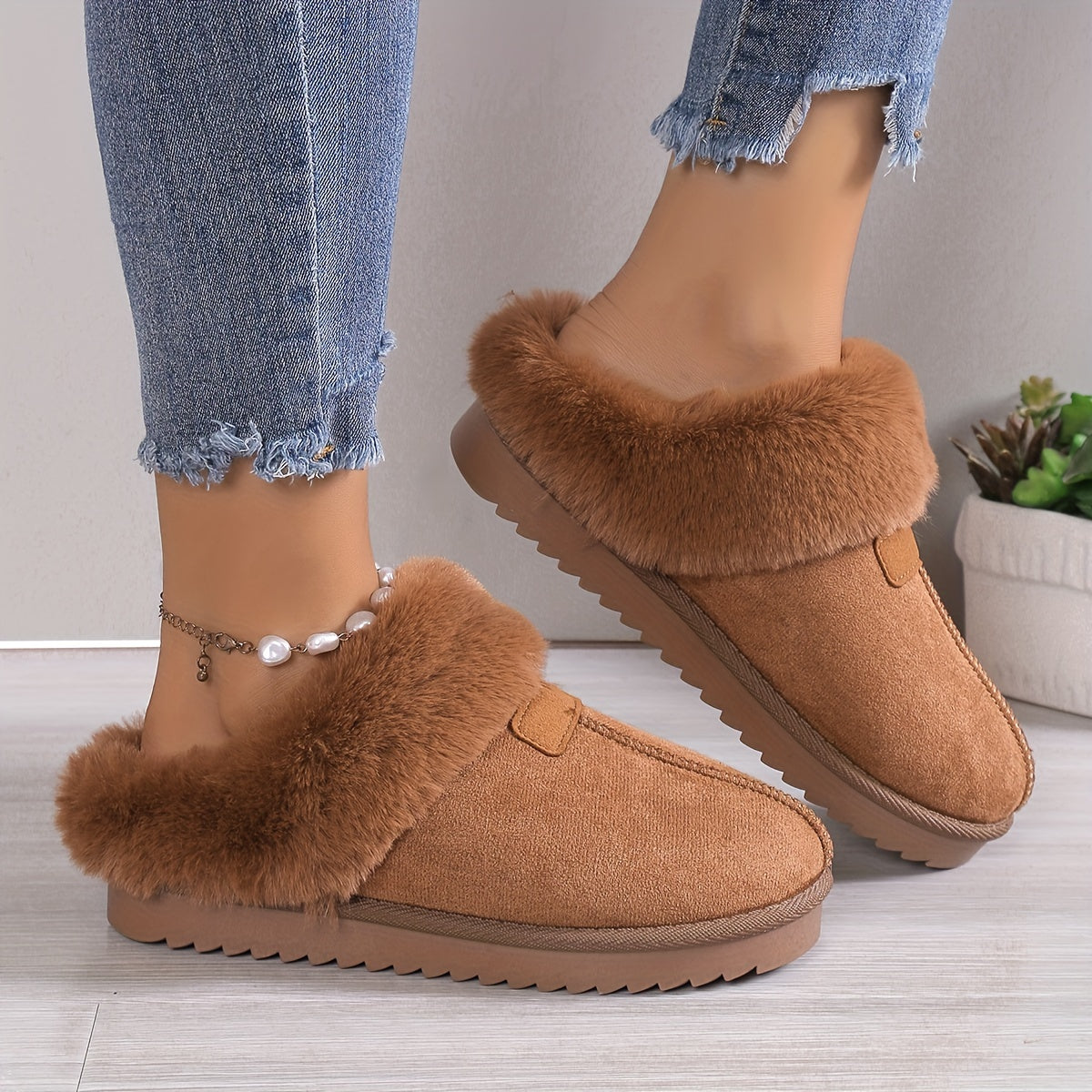 Women's Fuzzy Trim Snow Boots Slip on Comfortable Slippers