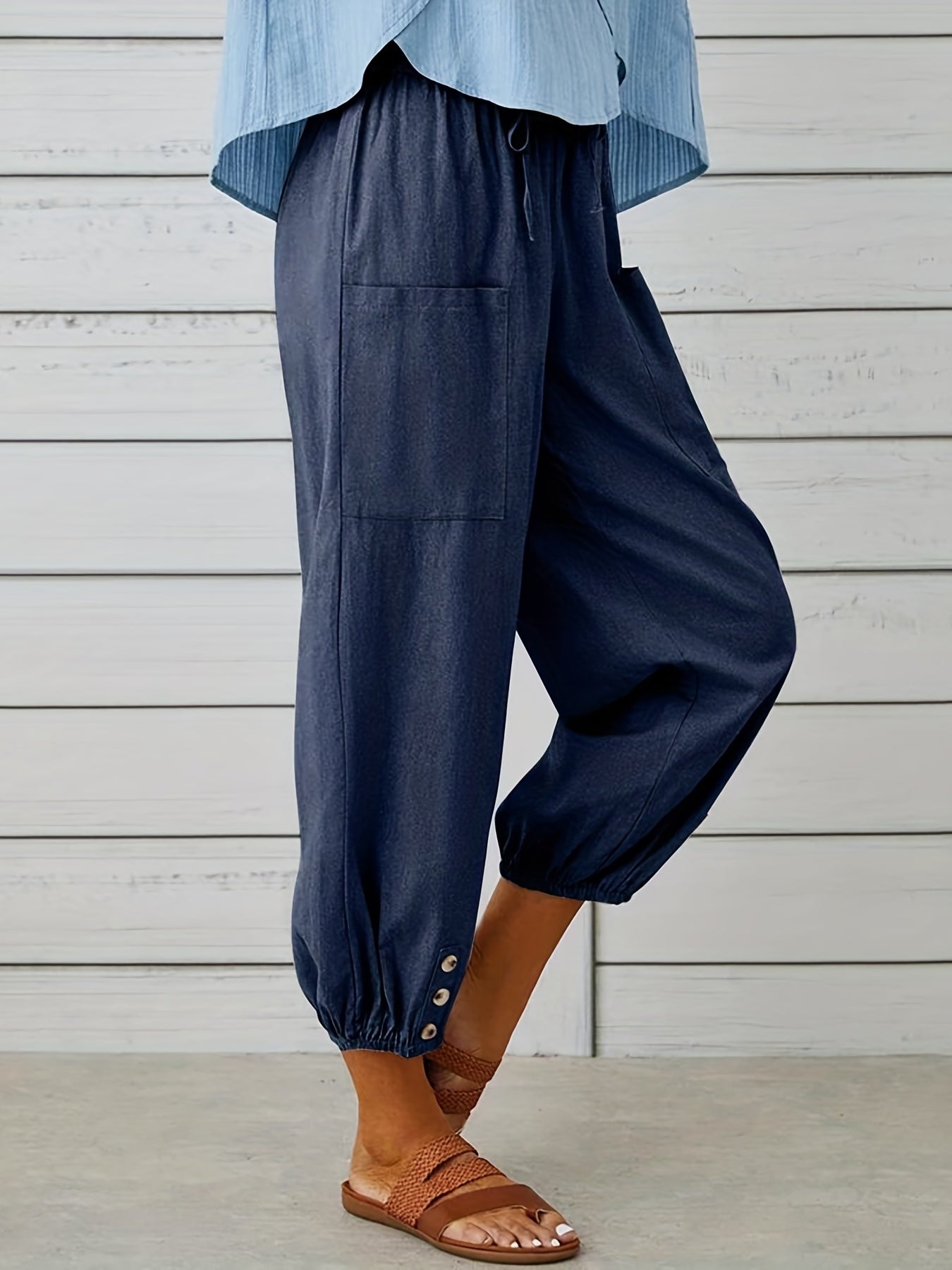 Patched Pockets Button Front Crop Pants Casual Loose Pants