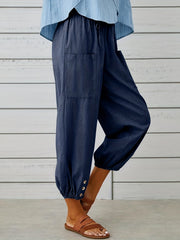 Patched Pockets Button Front Crop Pants Casual Loose Pants