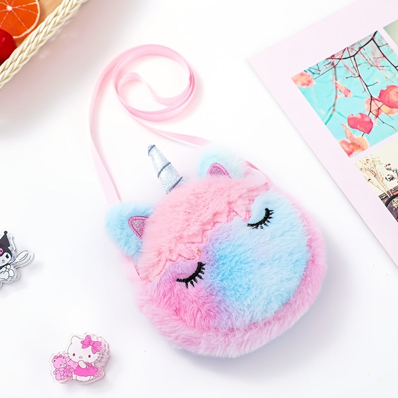 Girls Plush Unicorn Crossbody Bag Coin Purse With Zippers