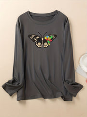 Butterfly Print Long Sleeve Pajama Top Round Neck Loungewear