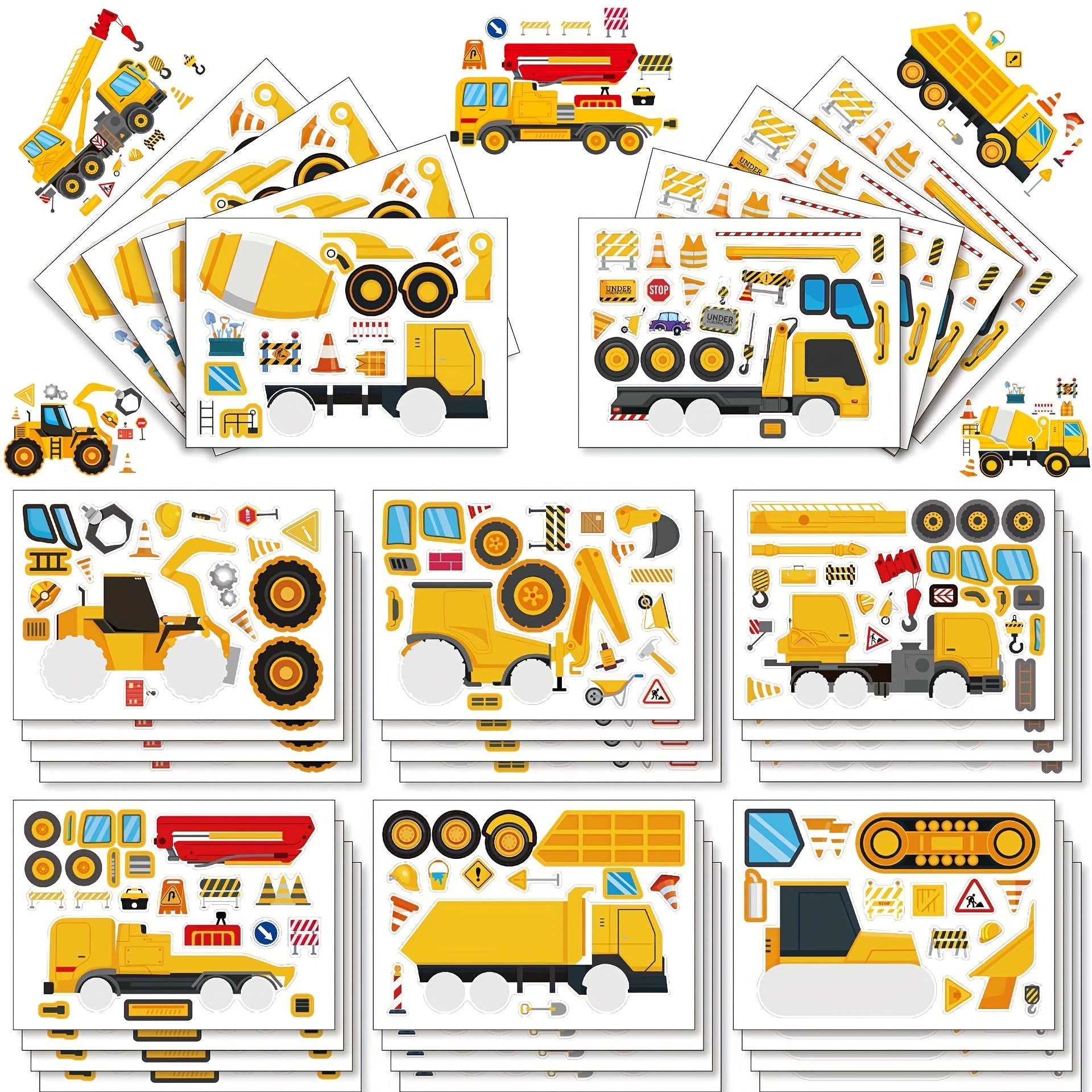 16pcs Construction Vehicle Puzzle Stickers Excavator Crane Mixer Truck Stickers