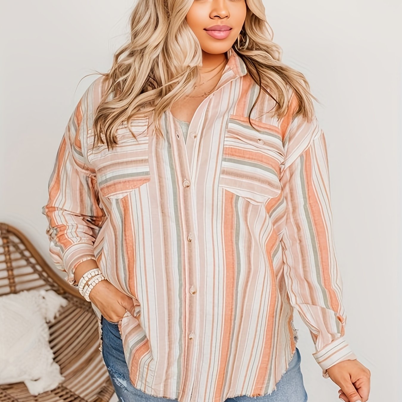 Women's Orange Stripe Print Long Sleeve Blouse