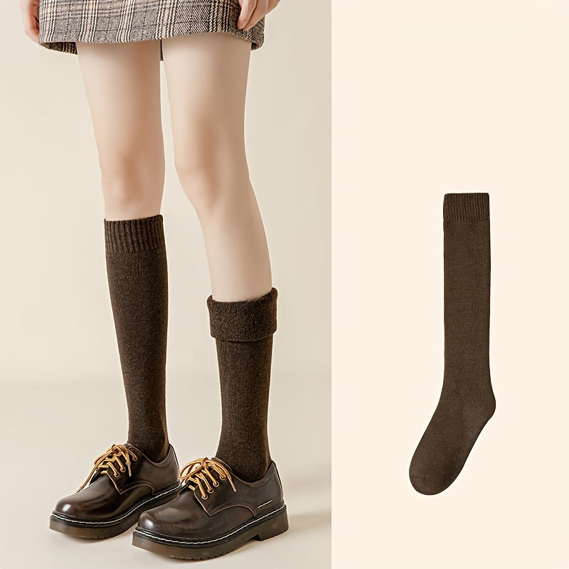 5 Pairs Warm Knee High Calf Socks Women's Stockings Solid Color