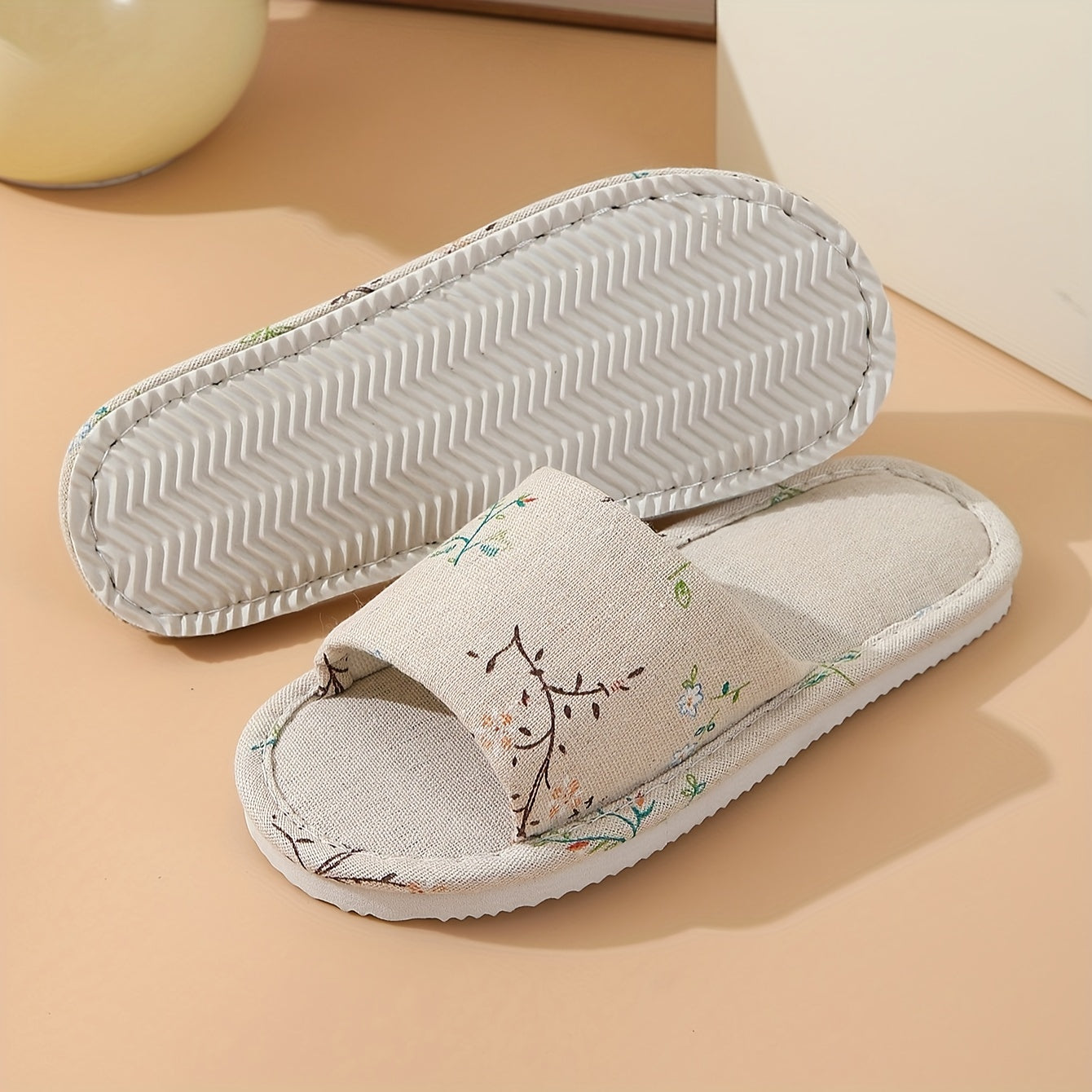 Floral Print Flat Slippers Home Non slip Open Toe Lightweight Slides