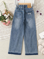 Girls' High Waist Ripped Jeans Straight Leg Denim Pants