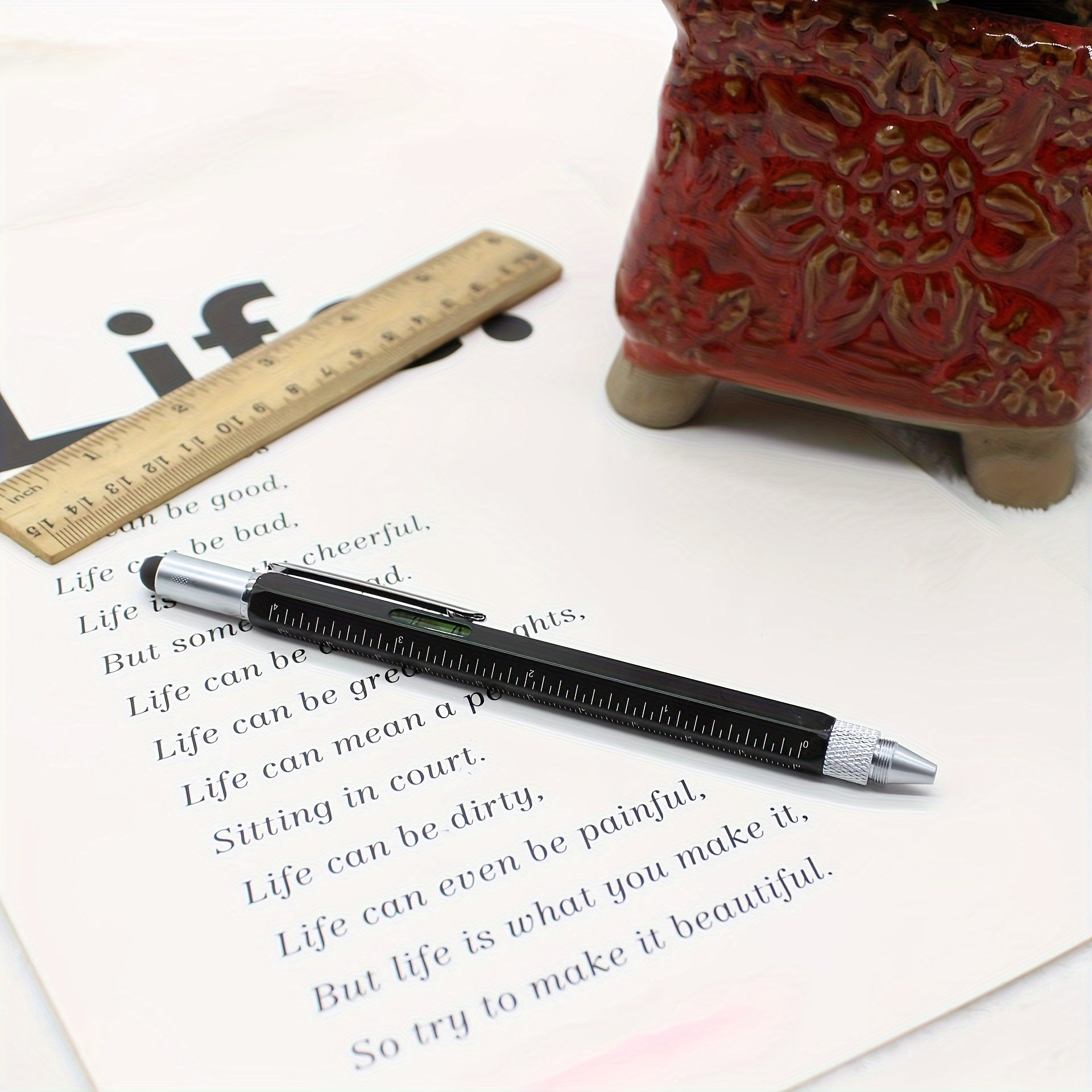 6-In-1 Multitool Pen - Tech Pen with Ballpoint, Ruler, Stylus