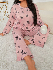 Butterfly Print Pajama Set Long Sleeve Tee & Pants Lounge 2 Piece