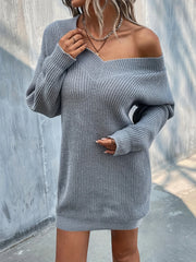 V Neck Long Sleeve Sweater Dress