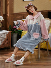 Thermal Colorblock Teddy Warm Pajamas Dress Women's Loungewear