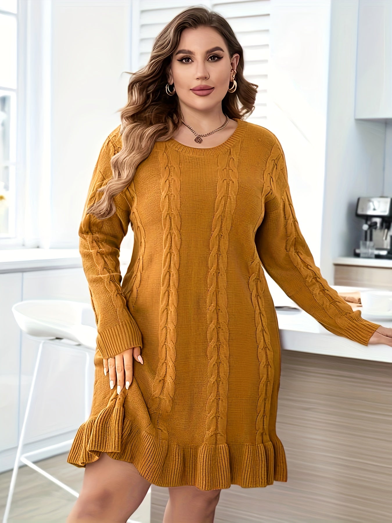 Casual Sweater Dress Women's Plus Solid Cable Knit Round Neck Long Sle