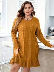 Casual Sweater Dress Women's Plus Solid Cable Knit Round Neck Long Sle