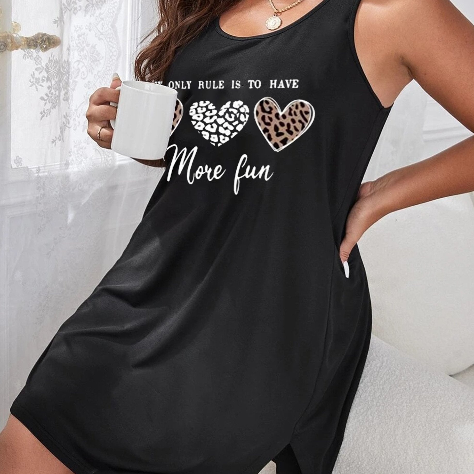 Casual Nightdress Women's Plus Leopard Heart Print Tank Dress