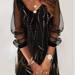 Dot Print Mesh Sleeve V-Neck Stretch Dress