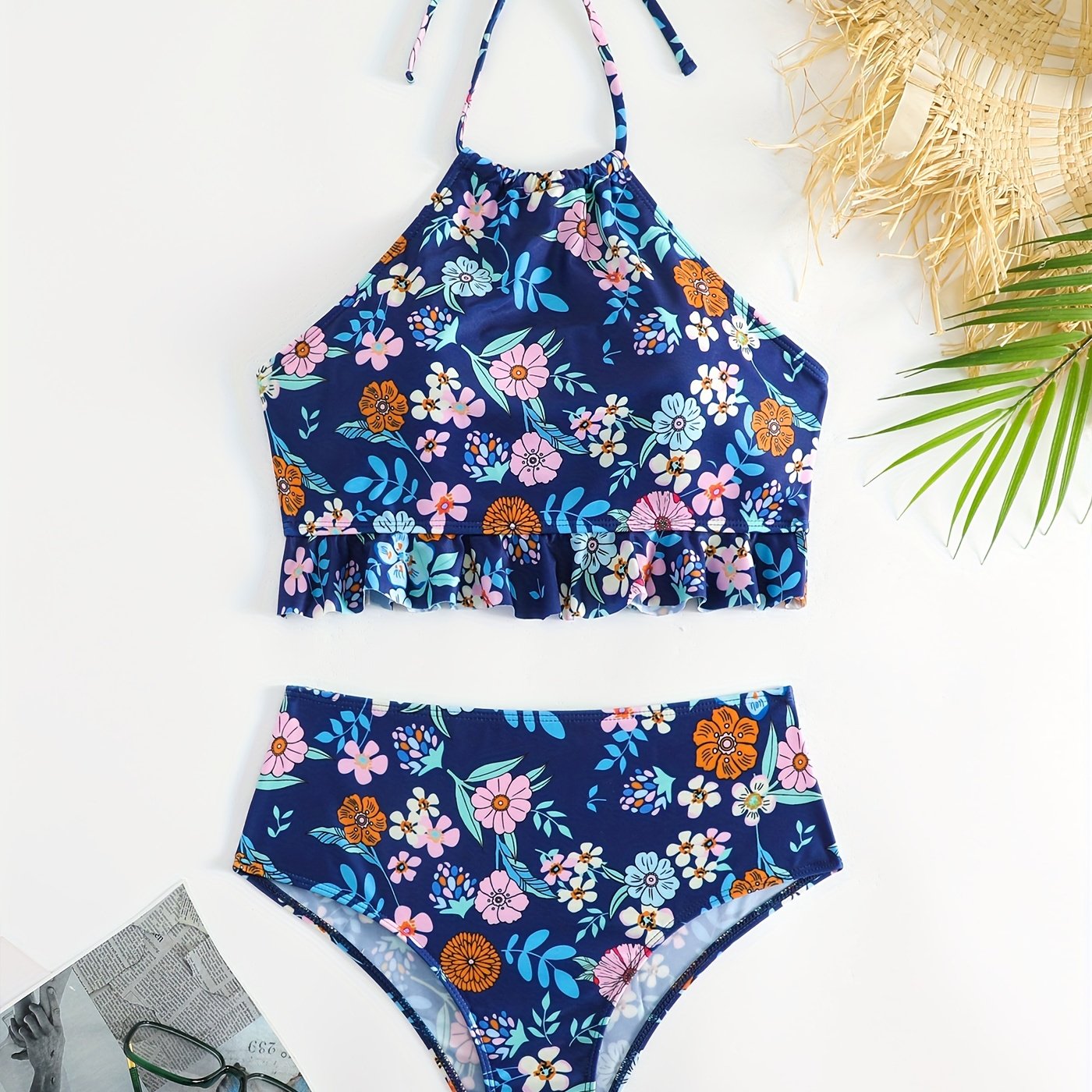 Floral Print Ruffle Trim Halter 2 Piece Set Tankini