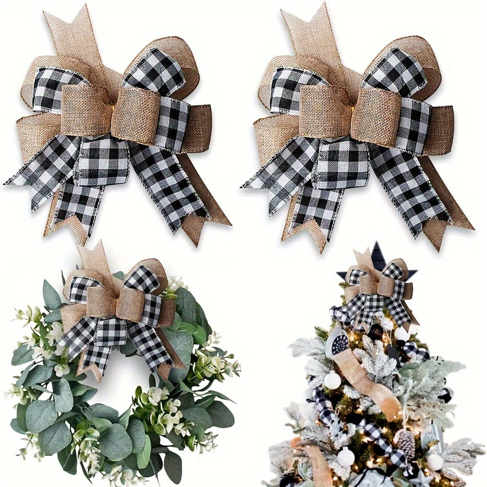 Christmas Tree Decoration Bow Linen Red Plaid Ribbon Christmas Bow