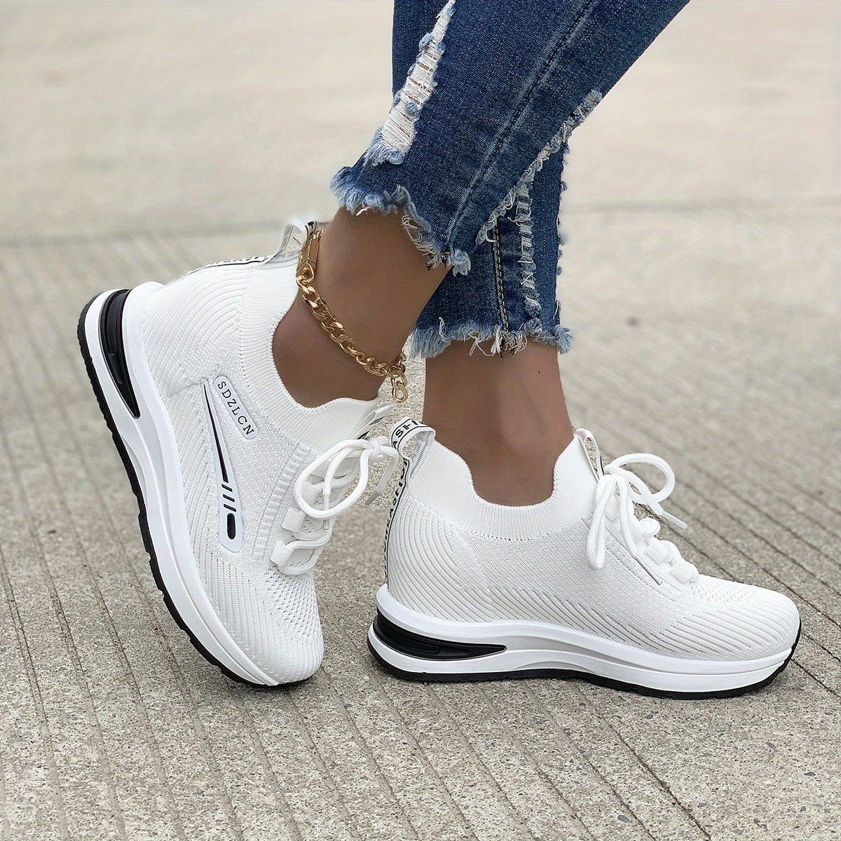 Women's Platform Sneakers Breathable Lace Up Low Elastic Shoes