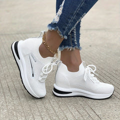 Women's Platform Sneakers Breathable Lace Up Low Elastic Shoes