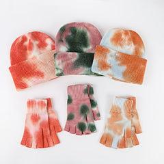 Wool Tie Dye Half Finger Gloves Hats Warm Gradient Ear Protection