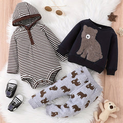 3pcs Boys Bear Print Bodysuit & Sweatshirt & Pants Set for Fall Winter