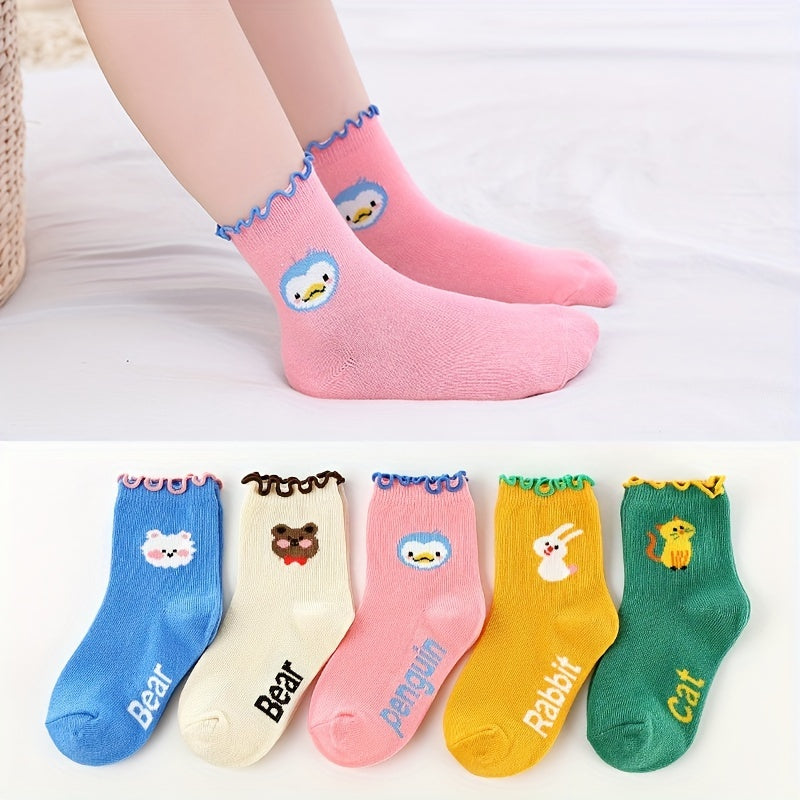 5 Pairs Girls Cartoon Animal Pattern Socks for All Season
