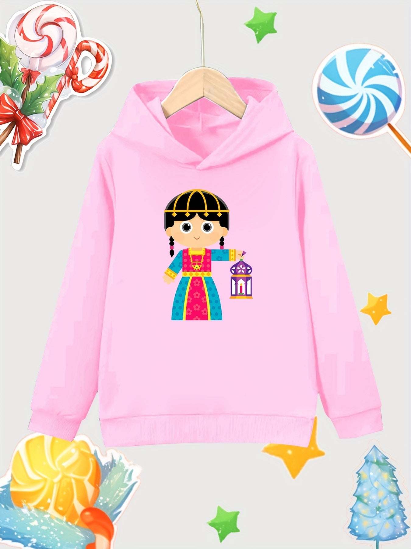 Girl Carrying Lantern Cotton Hooded Sweatshirt