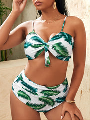 Tropical Print Knot Front Bikini Set High Stretch Swimsuit