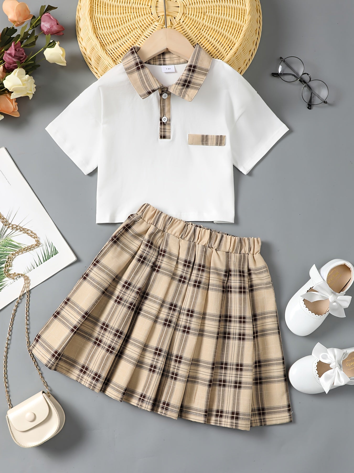 Girls Preppy Patchwork Polo Top & Plaid Skirt Set Summer Clothes