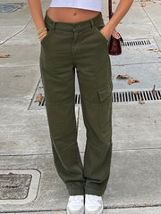 Green Loose Fit Straight Jeans Flap Muti Pockets Wide Legs