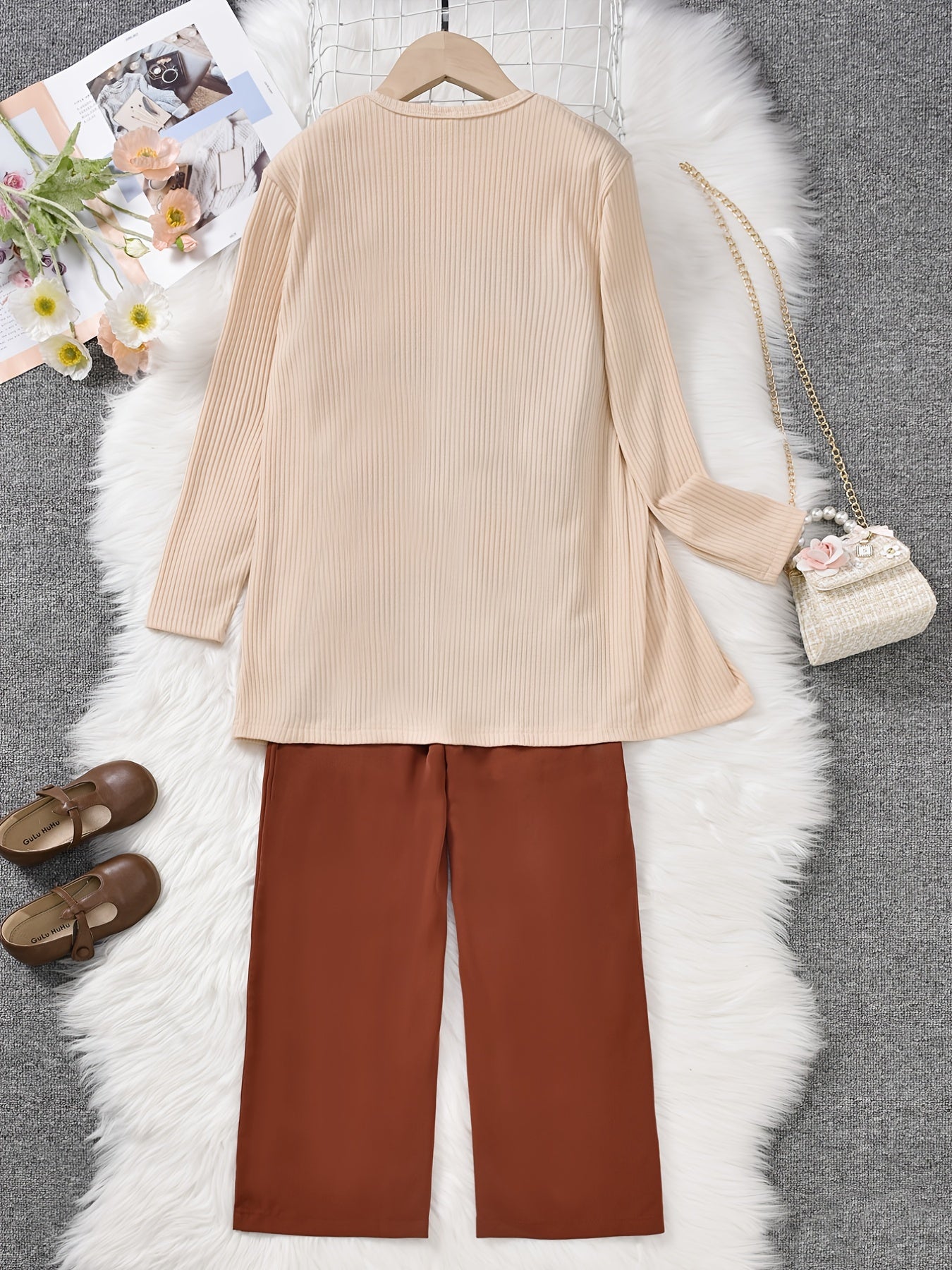 3pcs Girls Cotton Coat & Brown Jumpsuit Set with Bow Belt