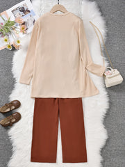 3pcs Girls Cotton Coat & Brown Jumpsuit Set with Bow Belt