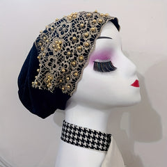Beaded Lace Mesh Turban Cap - Vintage Head Wrap