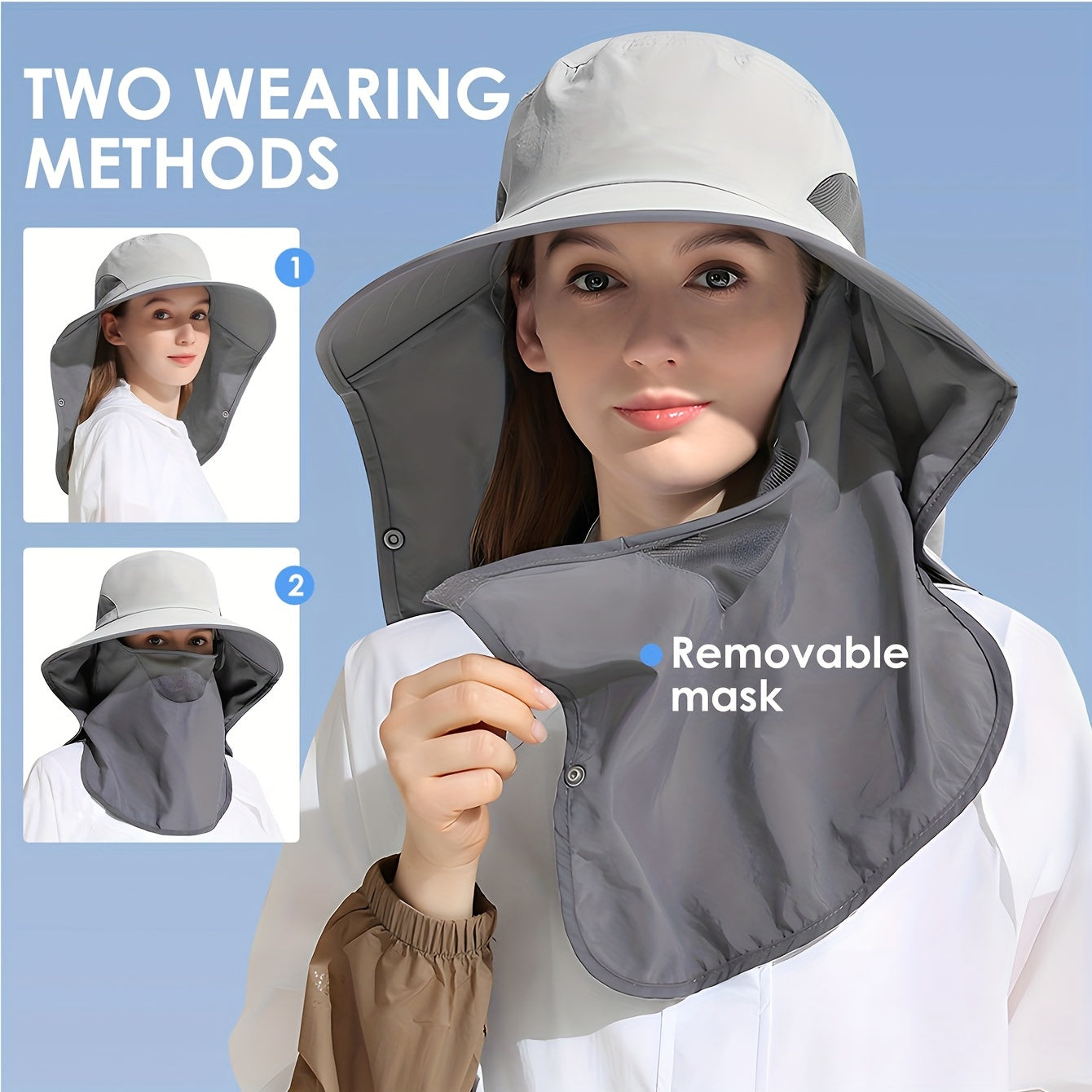 Sunscreen Bucket Hat With Neck Flap & Detachable Mask UV Protection