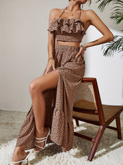 Leopard Print Ruffle Trim Two Piece Skirt Set