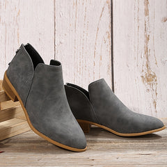 Chunky Heeled Ankle V Cut Boots Stacked Heeled Back Zipper Pointed Toe