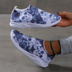 Women's Calavera Print Slip On Round Toe Sneakers