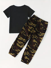 2pcs Boys Camo Short Sleeve Tees & Long Trousers Sets Summer Kids Outfits