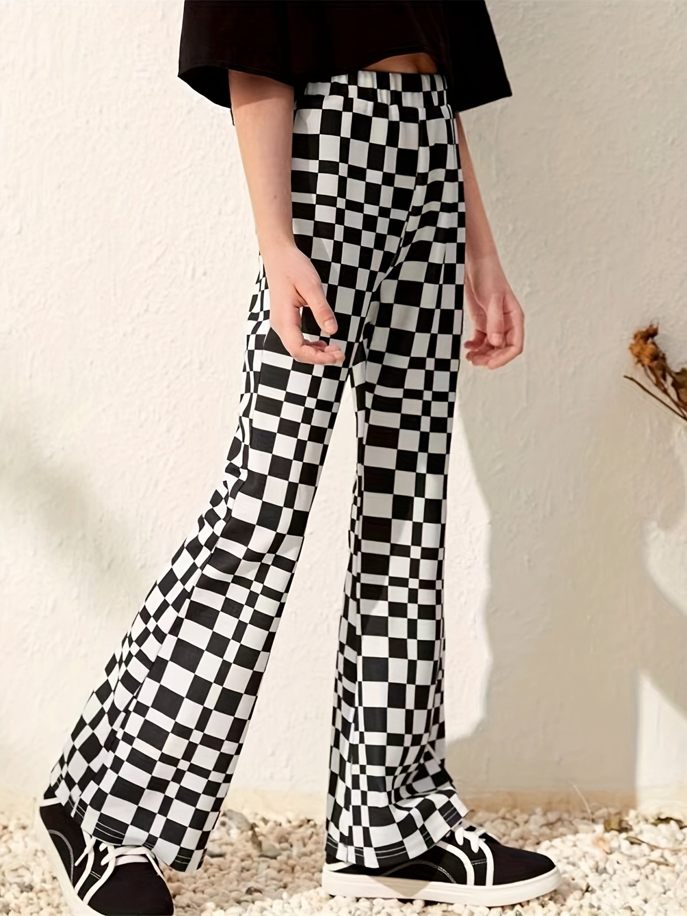 Girl's Plaid High Waisted Flare Leg Pants Stretch Bell Bottom