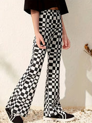 Girl's Plaid High Waisted Flare Leg Pants Stretch Bell Bottom