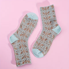 Floral Print Crew Socks Ethnic Embroidery Mid Tube Stockings