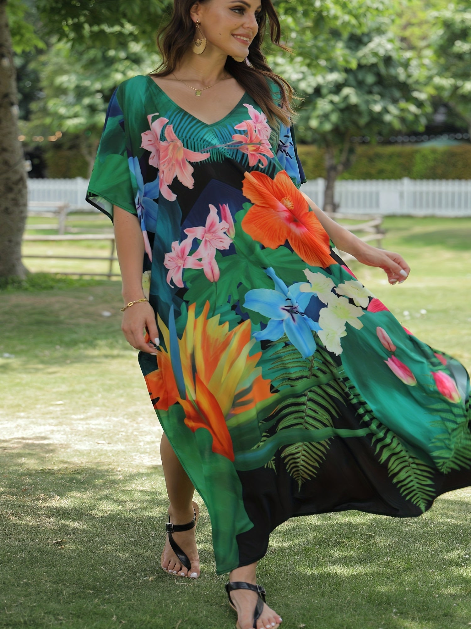 Boho Cover Up Women's V neck Floral Print Short Sleeve Split Cove