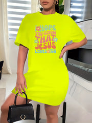 Women's Slogan & Floral Print Short Sleeve Round Neck Dress