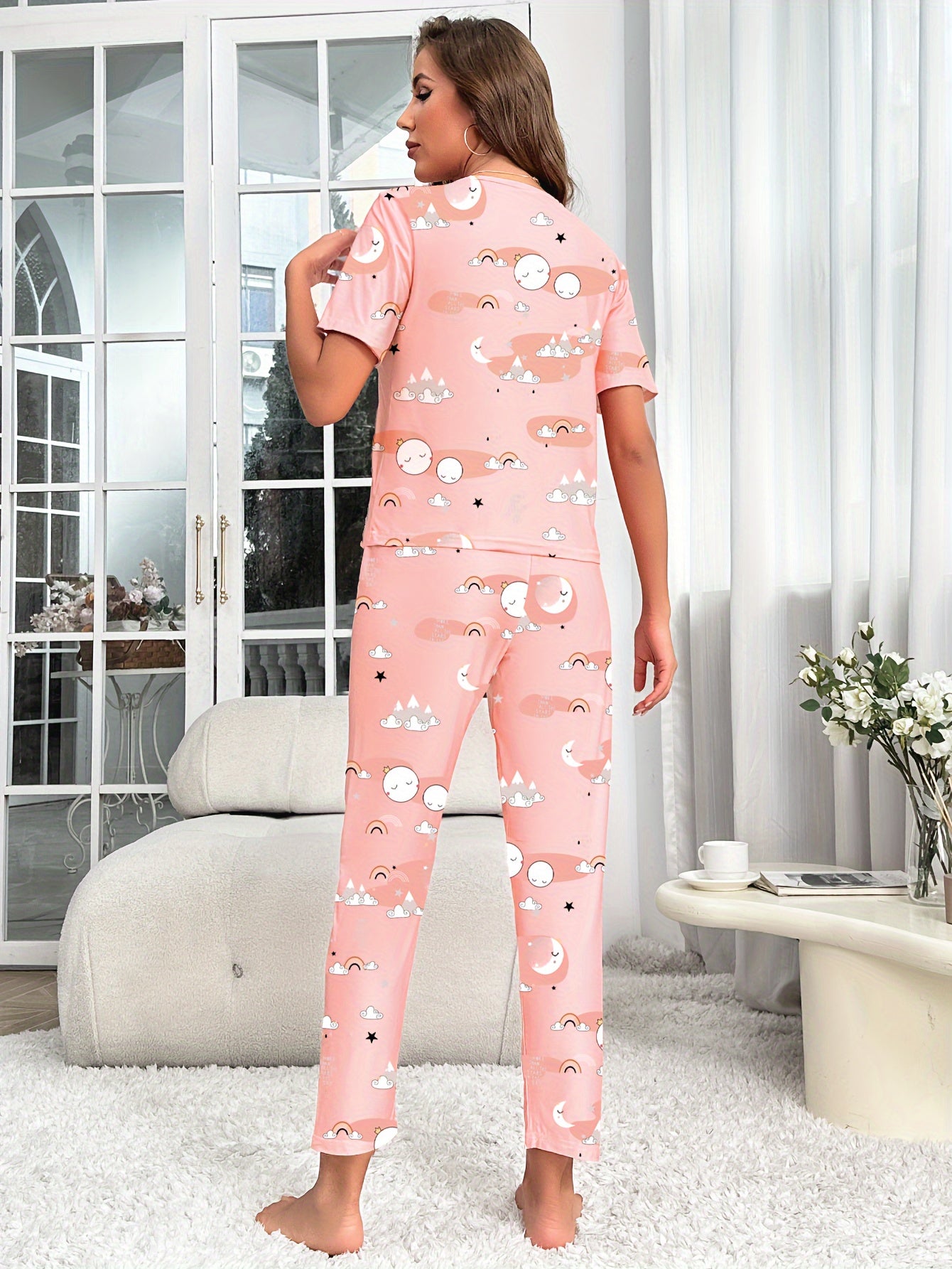 Rainbow Print Pajama Set Short Sleeve Top & Lounge Pants