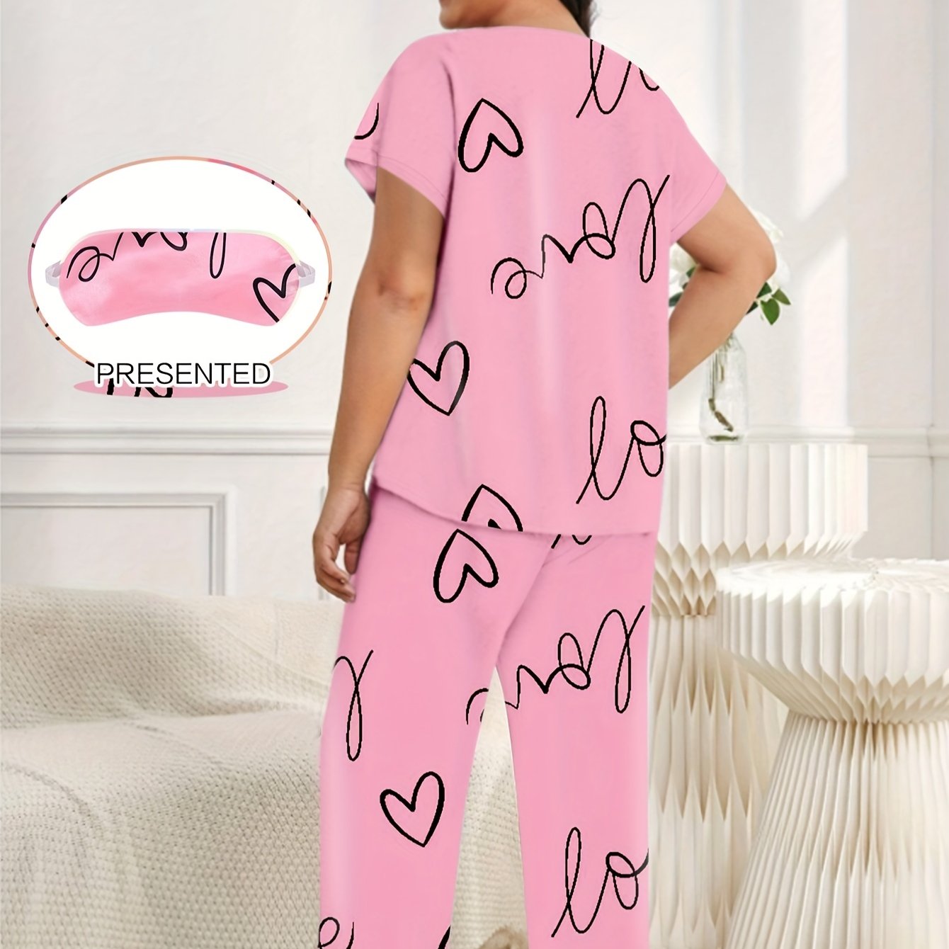 Heart & Letter Print Pajama Set with Eye Mask