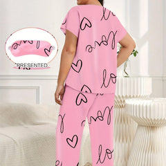 Heart & Letter Print Pajama Set with Eye Mask