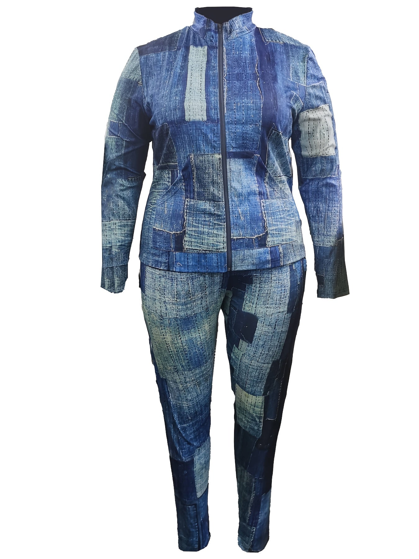 Denim Print Zip Up Top & Pants 2 Piece Set