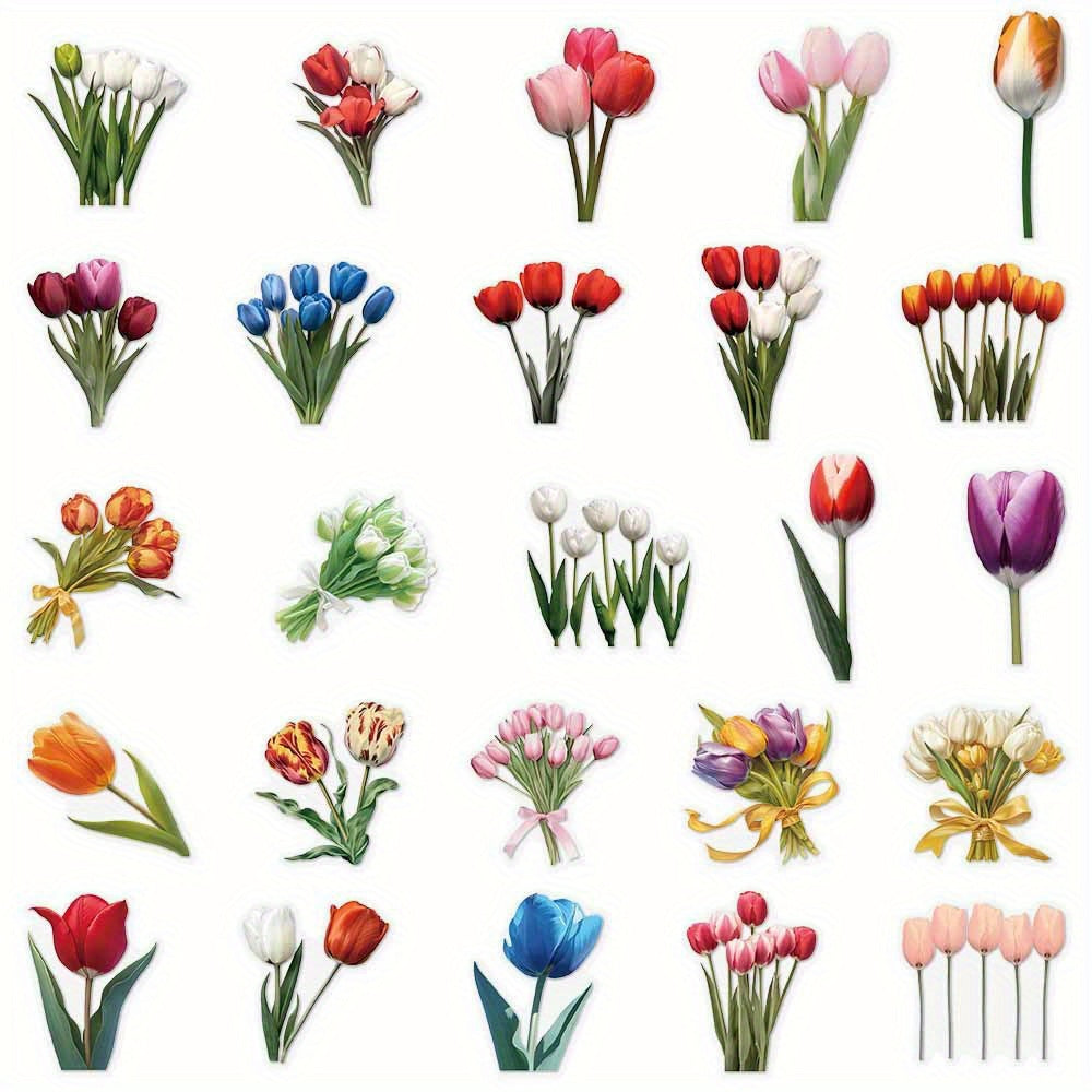50pcs JJIJIAN Tulip Flower Stickers Reusable Self Adhesive Decals